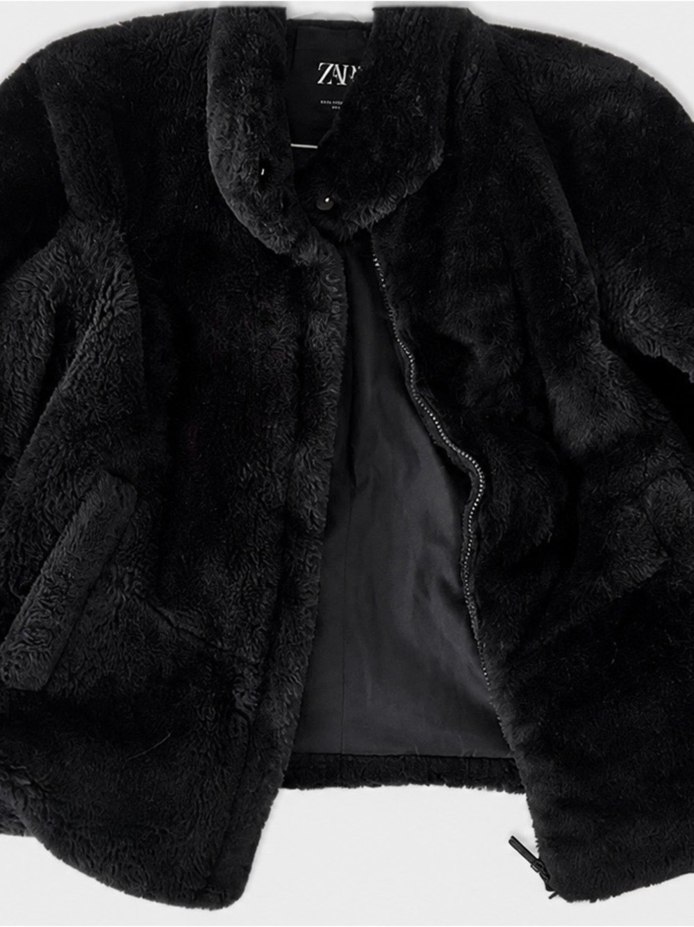 Zara Black Plush Faux Fur Zip Jacket